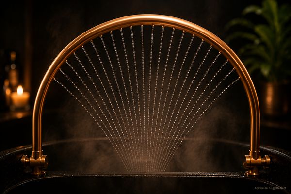 Kupferner Wasserbogen mit feinen Wasserstrahlen über einem dunklen Becken.